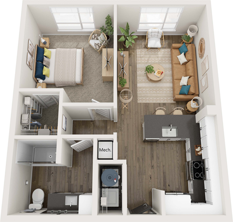 Floor plan for 1 bed, 1 bath, 687 sqft